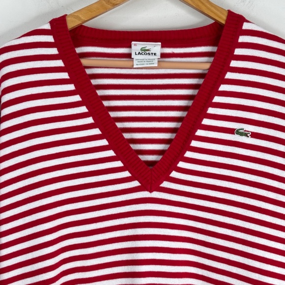 VTG 80s 90s LACOSTE V-Neck Sweater 46/XL Red White Stripe French Made Christmas - Picture 2 of 10